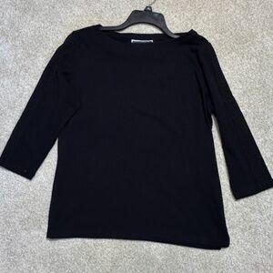 Karen Scott Black Boatneck Eyelet Trimmed 3/4 Sleeve Cotton Knit Top Size Large